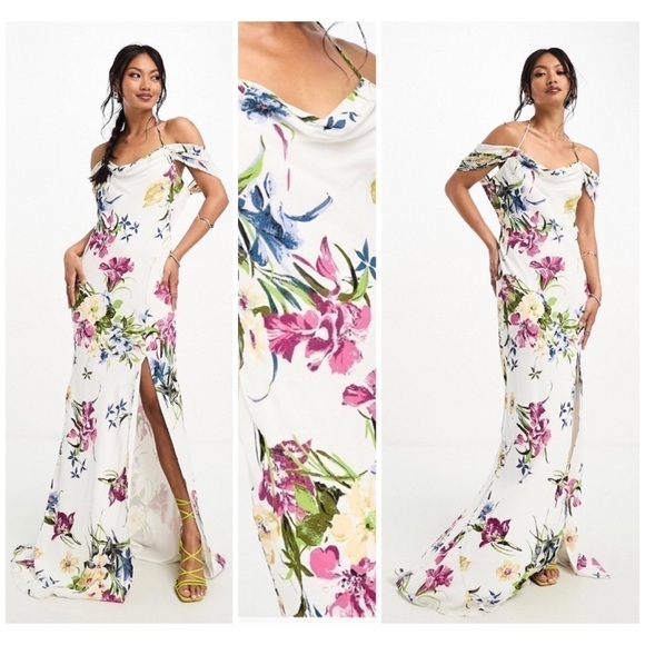 ASOS Design White Floral Cowl Strappy Open Back Bias Maxi Dress Size 12 Large - Picture 9 of 9